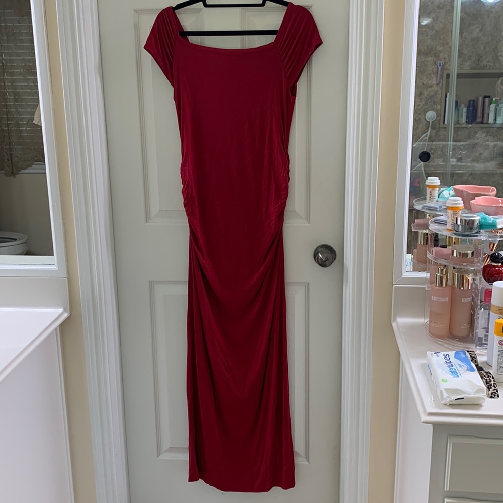 Red, maxi, bodycon maternity dress